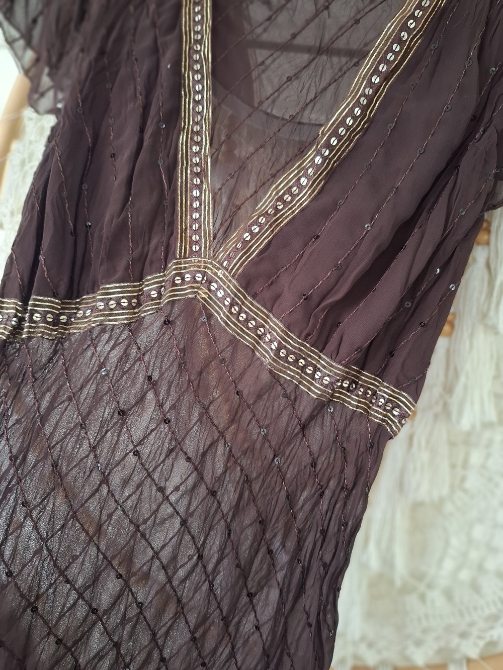 Megalhan Noland Brown Sequin Beaded Sheer V-Neck Top Size Meduim - Picture 2 of 3